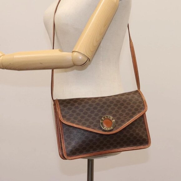 CELINE Macadam Canvas Shoulder Bag PVC Leather Brown Gold Auth - Picture 1 of 16